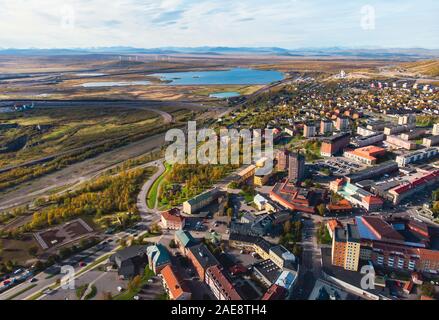 Aerial summer sunny view of Kiruna, the northernmost town in Sweden, province of Lapland, Norrbotten County, picture shot from drone Stock Photo