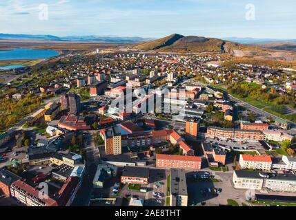 Aerial summer sunny view of Kiruna, the northernmost town in Sweden, province of Lapland, Norrbotten County, picture shot from drone Stock Photo