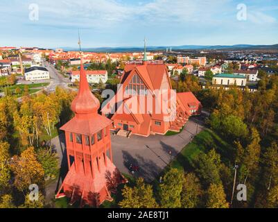 Aerial summer sunny view of Kiruna, the northernmost town in Sweden, province of Lapland, Norrbotten County, picture shot from drone Stock Photo