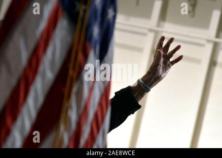 New York, USA. 7th December 2019. Armando “Chick” Galella, 98, Pearl Harbor survivor, speaks during the ceremonies commemorating the 78th Anniversary of the Attacks on Pearl Harbor, at the Intrepid Sea, Air & Space Museum, New York, NY, December 7, 2019. The suprise attack on Pearl Harbor by Japan on the morning of December 7, 1941 moved the United Staes to join World War II. (Photo by Anthony Behar/Sipa USA) Stock Photo