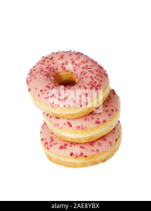One stack of three dounts with pink glaze isolated on white background. Stock Photo