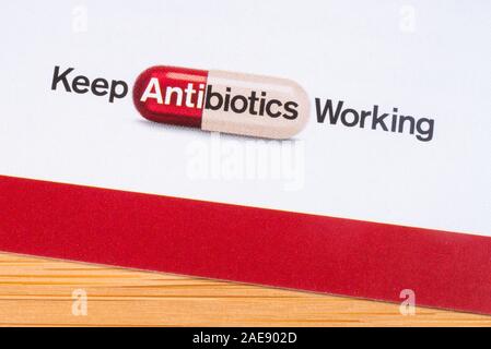 London, UK - December 3rd 2019: Close-up of a  - Keep Antibiotics Working - message, on a medical information leaflet. Stock Photo