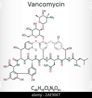 Vancomycin molecule. It is an antibiotic used to treat bacterial infections. Structural chemical formula. Vector illustration Stock Vector
