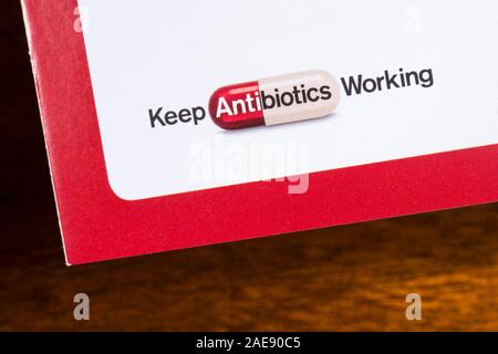 London, UK - December 3rd 2019: Close-up of a  - Keep Antibiotics Working - message, on a medical information leaflet. Stock Photo