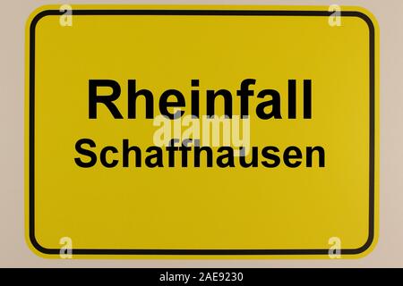 Illustration eines Ortseingangsschildes mit dem Schriftzug Schaffhausen und Rheinfall Stock Photo