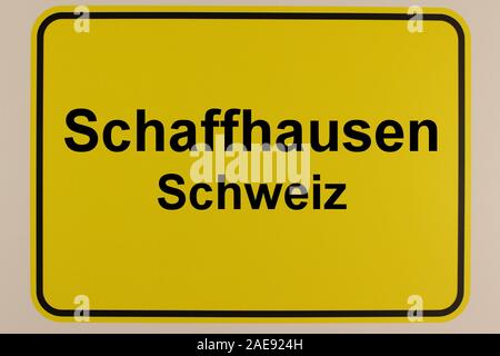Illustration eines Ortseingangsschildes mit dem Schriftzug Schaffhausen und Schweiz Stock Photo