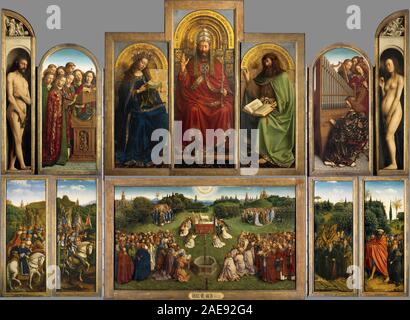 Ghent Altarpiece, (1432) The Ghent Altarpiece (or the Adoration of the Mystic Lamb) a large and complex 15th-century polyptych altarpiece in St Bavo's Cathedral, Ghent, Belgium. Painting by Hubert and Jan van Eyck, Stock Photo