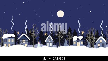 Night winter countryside seamless border. Fairytale winter vector illustration. Stock Vector