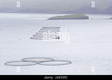 Panoramical view of fish farm near Sandavagur village on Vagar island. Faroe Islands, Denmark Stock Photo