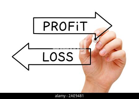 Hand drawing Profit or Loss arrows concept with marker on transparent glass board isolated on white background. Stock Photo