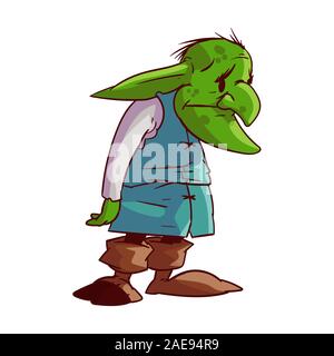 Colorful vector illustration of a cartoonish, comic style sad green goblin or troll Stock Vector