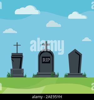 Grey RIP grave tombstones on summer nature scenic background. Stock Vector