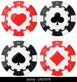 Poker chips set with card suits hearts, spades, diamonds, clubs. Stock Vector