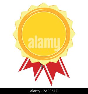 Golden medal with stripped red ribbon isolated on white background. Stock Vector
