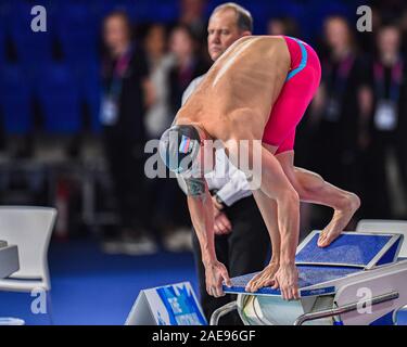 GLASGOW, UNITED KINGDOM. 07th Dec, 2019. Oleg Kostin (RUS) competes in WomenÕs 100M Butterfly Final during day 4 of the LEN European Short Course Swimming Championships 2019 at Tollcross International Swimming Centre on Saturday, 07 December 2019. GLASGOW SCOTLAND. Credit: Taka G Wu/Alamy Live News Stock Photo