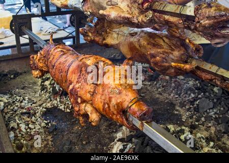 A nice roasted grilled pig on a skewer before selling to customers at the restaurant. Stock Photo