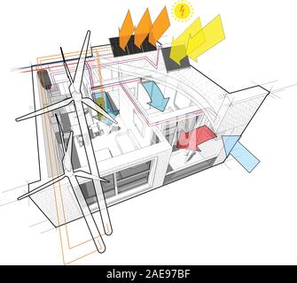 apartment with flat roof cutaway over it with wind turbines and with additional solar water heating panels and photovoltaic panels and wind turbines Stock Vector