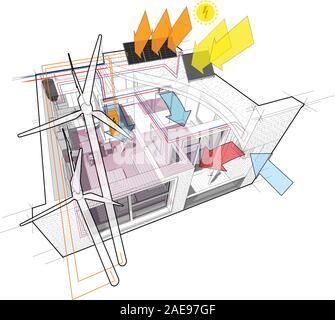 apartment with flat roof cutaway over it with wind turbines and with additional solar water heating panels and photovoltaic panels and wind turbines Stock Vector