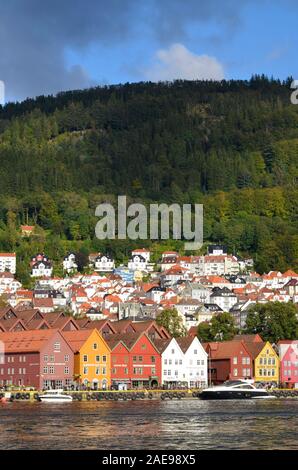 View of Bryggen, a Hanseatic heritage commercial buildings in historic area in Bergen, Norway Stock Photo