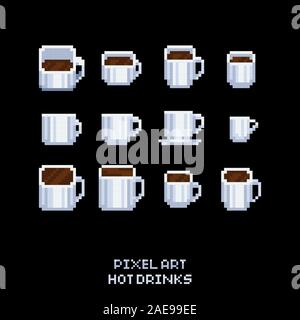 Vector pixel art icon set - collection of white coffee and tea hot drink mugs - isolated illustration Stock Vector