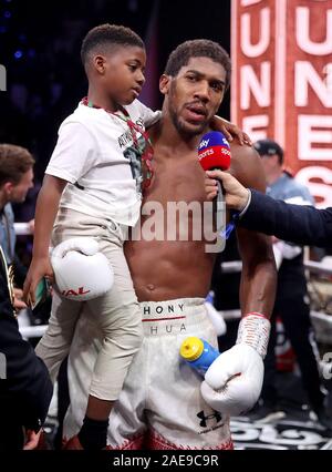 Anthony Joshua after reclaiming the IBF, WBA, WBO & IBO World Heavyweight Championship belts from Andy Ruiz (not pictured) at the Diriyah Arena, Diriyah, Saudi Arabia. Stock Photo