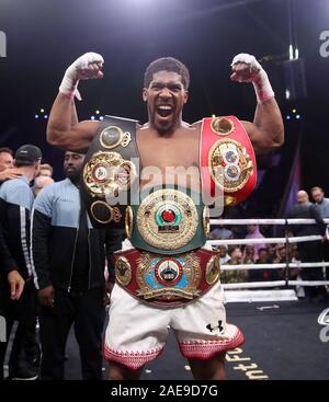 Anthony Joshua after reclaiming the IBF, WBA, WBO & IBO World Heavyweight Championship belts from Andy Ruiz (not pictured) at the Diriyah Arena, Diriyah, Saudi Arabia. Stock Photo