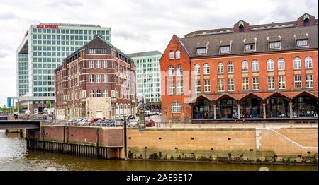 Former warehouses and Der Spiegel head office and Zoll Canal in Stock Photo