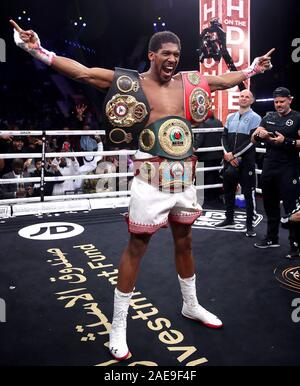 Anthony Joshua after reclaiming the IBF, WBA, WBO & IBO World Heavyweight Championship belts from Andy Ruiz (not pictured) at the Diriyah Arena, Diriyah, Saudi Arabia. Stock Photo