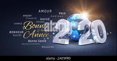 2020 New Year date number, composed with a blue colored planet earth, gold greetings and best wishes in French language, on a festive black background Stock Photo