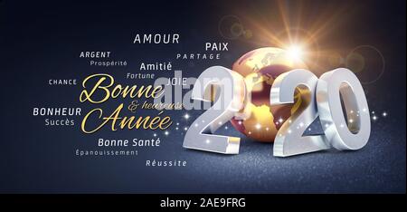 2020 New Year date number, composed with a gold colored planet earth, greetings and best wishes in French language, on a festive black background - 3D Stock Photo