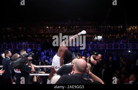 Anthony Joshua after reclaiming the IBF, WBA, WBO & IBO World Heavyweight Championship belts from Andy Ruiz (not pictured) at the Diriyah Arena, Diriyah, Saudi Arabia. Stock Photo