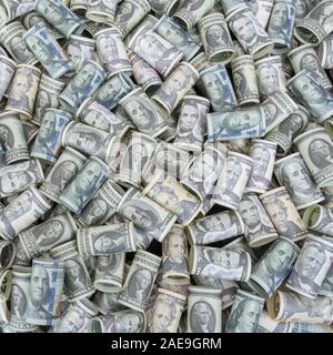 Ultra-wide top view US Dollar bills (training ones). Dollar exchange rate, Wall Street, $ bills, US banking crisis, US debt, election funds US, 401k. Stock Photo