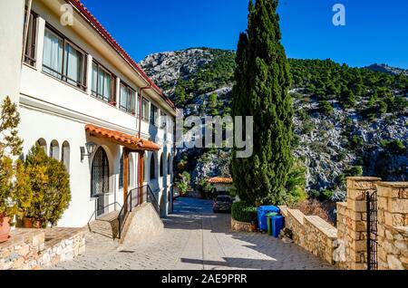 The Greek Orthodox monastery of Moni Kimiseos Theotokou Kliston or Assumption of Virgin Mary Monastery and the surrounding area in Acharnes, Attica Stock Photo