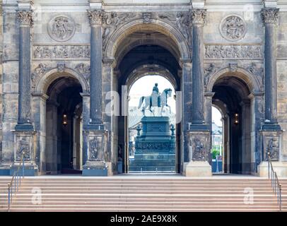 John of Saxony statue monument viewed from Dresdner Zwinger palace court museum and orangery in Altstadt Dresden Saxony Germany. Stock Photo