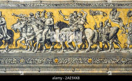 Meissen porcelain tile mural Fürstenzug Procession of Princes on the outer wall of Stables Courtyard of Dresden Castle Royal Palace Saxony Germany. Stock Photo
