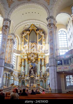 Alter and church organ pipes interior Frauenkirche Church of Our Lady Platz Neumarkt Newmarket Altstadt Dresden Saxony Germany.