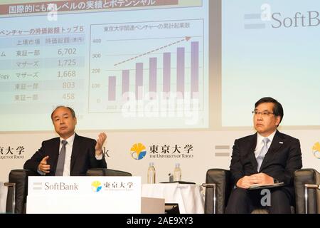 (L-R) SoftBank Group founder and CEO Masayoshi Son and the University of Tokyo President Makoto Gonokami attend a press conference in Tokyo, Japan on December 6, 2019. SoftBank and the University of Tokyo announced an agreement to establish the Beyond AI Institute, a new research facility that will gather the world's best minds and launch programs to develop businesses with research results. Credit: AFLO/Alamy Live News Stock Photo