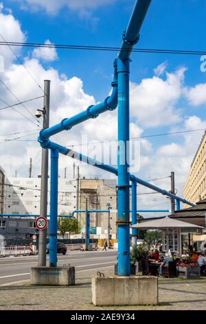 Above ground blue painted steel water pipes in central Dresden Saxony Germany. Stock Photo