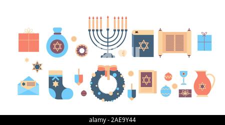 menorah torah bible gift box wreath icons set happy hanukkah judaism religious holidays celebration jewish festival concept horizontal vector illustration Stock Vector