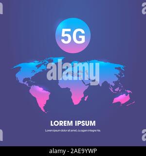 5G online communication network wireless systems connection concept fifth innovative generation of global high speed internet world map background flat copy space vector illustration Stock Vector