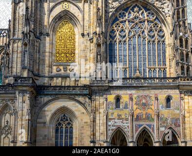 Triptych Mosaic of the Last Judgement above 3 arched portal of Gothic St Vitus Cathedral Prague Castle Complex Prague Czech Republic.