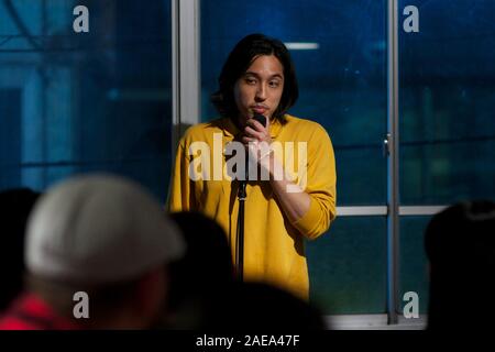 Kai Edward Kobayashi, star of reality TV series Terrace House, performs standup comedy at open mic event, Tokyo, Japan November 2019. Stock Photo