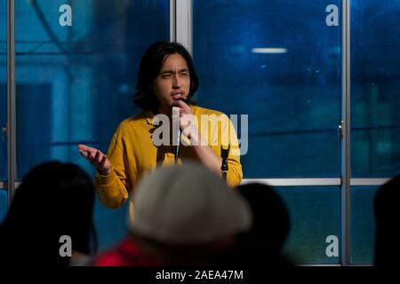 Kai Edward Kobayashi, star of reality TV series Terrace House, performs standup comedy at open mic event, Tokyo, Japan November 2019. Stock Photo