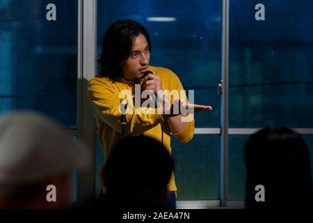 Kai Edward Kobayashi, star of reality TV series Terrace House, performs standup comedy at open mic event, Tokyo, Japan November 2019. Stock Photo