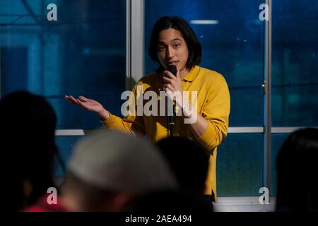 Kai Edward Kobayashi, star of reality TV series Terrace House, performs standup comedy at open mic event, Tokyo, Japan November 2019. Stock Photo