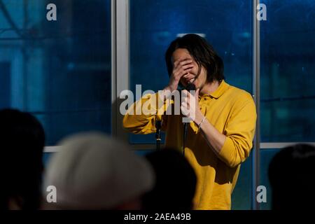 Kai Edward Kobayashi, star of reality TV series Terrace House, performs standup comedy at open mic event, Tokyo, Japan November 2019. Stock Photo