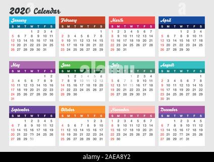 Colorful year 2020 calendar. Horizontal calendar template . Editable vector file available. English and sunday to monday version. Stock Vector