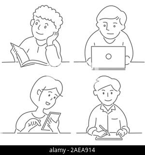 People with different activity. The young man and woman with book, laptop, cell phone and tablet. Hand drawn, Sketch doodle style - linear Vector Illu Stock Vector