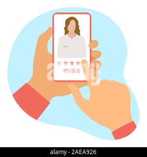 Online doctor vector illustration concept. Hand of patient using online medicine services by smartphone. Rating. Medical support supervision monitorin Stock Vector