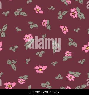seamless vector pattern with pink dog roses and green leaves scattered on a burgundy background Stock Vector